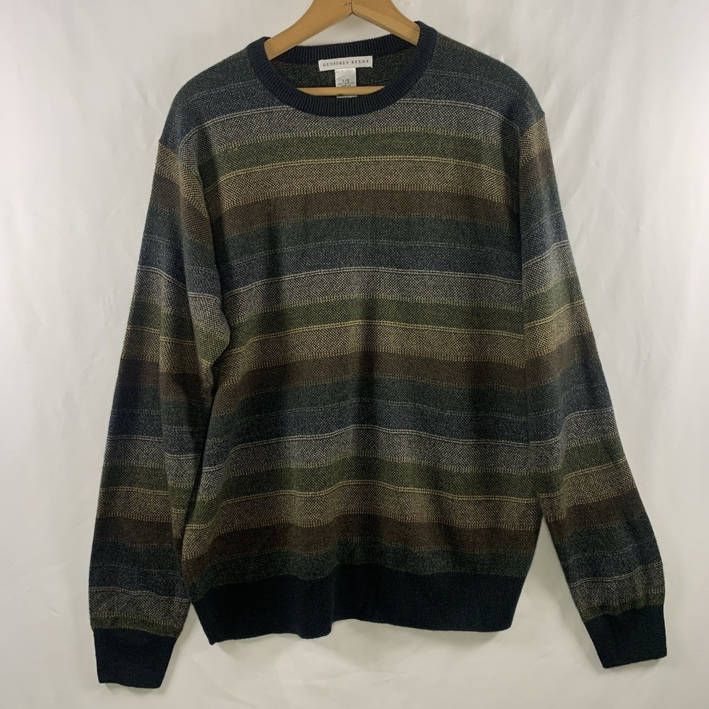 VTG 90s Mens Earthy Striped Crewneck Grandpa Sweater Large Lightweight Pullover